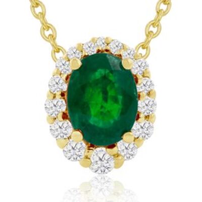 Emerald Necklaces | Oval Shape Emerald Necklaces With Diamond Halo In 14 Karat Yellow Gold, 18 Inch Chain