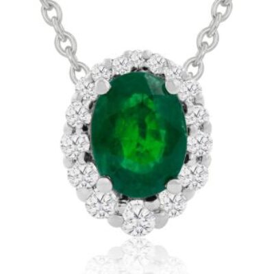 Emerald Necklaces | Carat Oval Shape Emerald Necklaces With Diamond Halo In 14 Karat White Gold, 18 Inch Chain