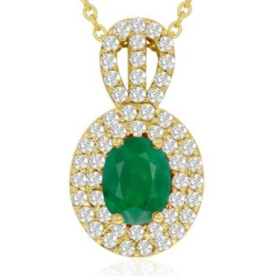 Emerald Necklaces | Carat Oval Shape Emerald Necklaces With Diamonds In 14 Karat Yellow Gold, 18 Inch Chain