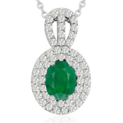 Emerald Necklaces | Oval Shape Emerald Necklaces With Diamonds In 14 Karat White Gold, 18 Inch Chain