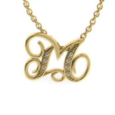 Diamond Initial Necklace | M Diamond Initial Necklace | Yellow Gold Serif M Initial Necklace With 7 Diamonds | SuperJeweler