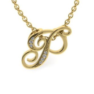 Diamond Initial Necklace | P Diamond Initial Necklace | Yellow Gold Serif P Initial Necklace With 7 Diamonds | SuperJeweler