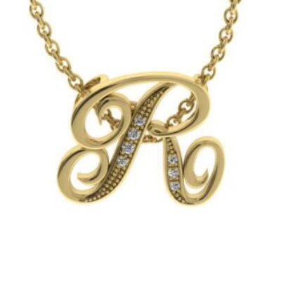 Diamond Initial Necklace | R Diamond Initial Necklace | Yellow Gold Serif R Initial Necklace With 7 Diamonds | SuperJeweler