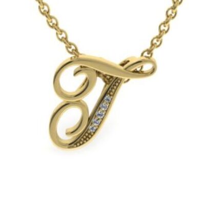 Diamond Initial Necklace | T Diamond Initial Necklace | Yellow Gold Serif T Initial Necklace With 5 Diamonds | SuperJeweler