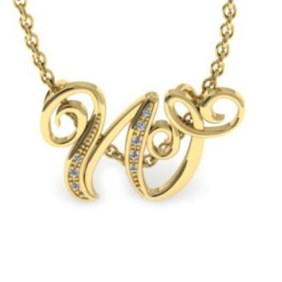 Diamond Initial Necklace | W Diamond Initial Necklace | Yellow Gold Serif W Initial Necklace With 7 Diamonds | SuperJeweler