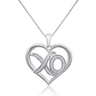 0.12 Carat Diamond XO Heart Necklace In Sterling Silver, 18 Inches