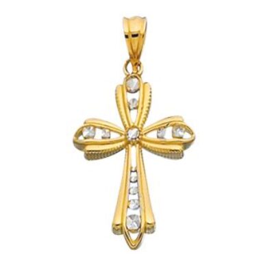 Diamond Cross Necklace | 14 Karat Yellow & White Gold 30x17mm Shiny Diamond Cut Fancy Cross Pendant