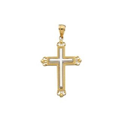 Diamond Cross Necklace | 14 Karat Yellow & White Gold 38×22.9 Shiny White Cross Inside Fancy Yellow Cross