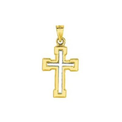 Diamond Cross Necklace | 14 Karat Yellow & White Gold 26×13.5mm Shiny Small White Cross Pendant in Yellow Cross