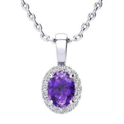 Amethyst Necklace | February Birthstone | 3/4ct Oval Amethyst and Halo Diamond Necklace In 14K White Gold | SuperJeweler