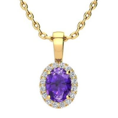 Amethyst Necklace | February Birthstone | 3/4ct Oval Amethyst and Halo Diamond Necklace In 14K Yellow Gold | SuperJeweler