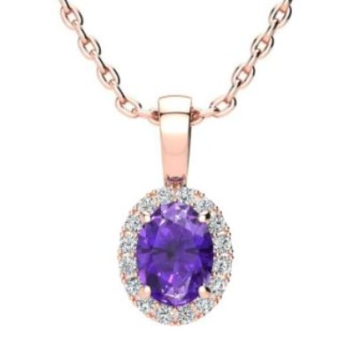 Amethyst Necklace | February Birthstone | 3/4ct Oval Amethyst and Halo Diamond Necklace In 14K Rose Gold | SuperJeweler