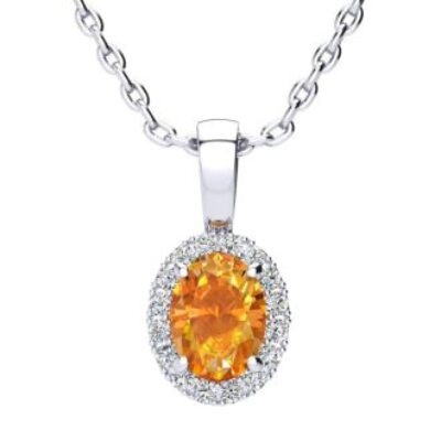 November Birthstone | Citrine Necklace | 3/4ct Oval Citrine and Halo Diamond Necklace In 14K White Gold | SuperJeweler