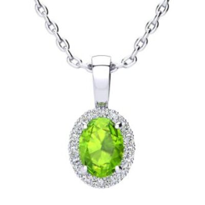 Peridot Necklace | August Birthstone | 1ct Oval Peridot and Halo Diamond Necklace In 14K White Gold | SuperJeweler