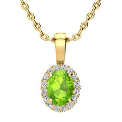 Peridot Necklace | August Birthstone | 1ct Oval Peridot and Halo Diamond Necklace In 14K Yellow Gold | SuperJeweler