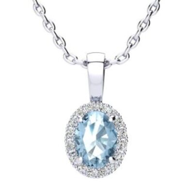 December Birthstone | Blue Topaz Necklace | 1ct Oval Blue Topaz and Halo Diamond Necklace In 14K White Gold | SuperJeweler