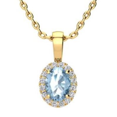 December Birthstone | Blue Topaz Necklace | 1ct Oval Blue Topaz and Halo Diamond Necklace In 14K Yellow Gold | SuperJeweler