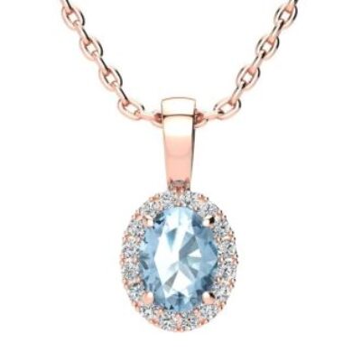 December Birthstone | Blue Topaz Necklace | 1ct Oval Blue Topaz and Halo Diamond Necklace In 14K Rose Gold | SuperJeweler