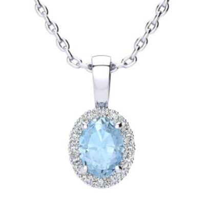 Aquamarine Necklace | March Birthstone | 0.90ct Oval Aquamarine and Halo Diamond Necklace In 14K White Gold