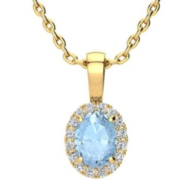 Aquamarine Necklace | March Birthstone | 0.90ct Oval Aquamarine and Halo Diamond Necklace In 14K Yellow Gold