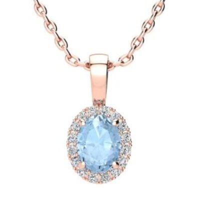 Aquamarine Necklace | March Birthstone | 0.90ct Oval Aquamarine and Halo Diamond Necklace In 14K Rose Gold