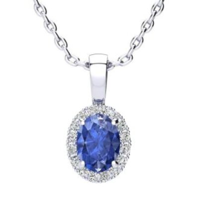 Tanzanite Necklace | Tanzanite | 1ct Oval Tanzanite and Halo Diamond Necklace In 14K White Gold | SuperJeweler