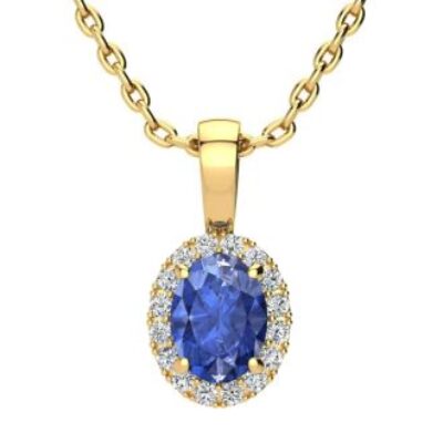 Tanzanite Necklace | Tanzanite | 1ct Oval Tanzanite and Halo Diamond Necklace In 14K Yellow Gold | SuperJeweler