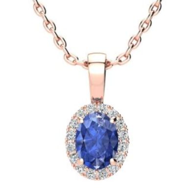 Tanzanite Necklace | Tanzanite | 1ct Oval Tanzanite and Halo Diamond Necklace In 14K Rose Gold | SuperJeweler