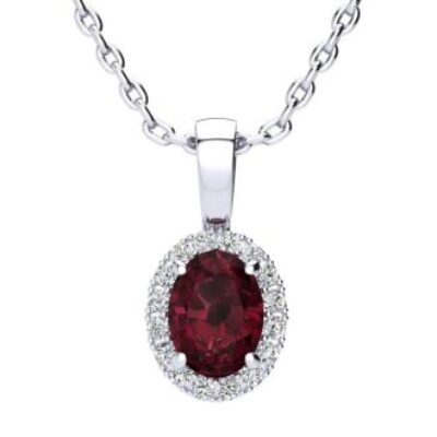 Garnet Necklace | January Birthstone | 1ct Oval Garnet and Halo Diamond Necklace In 14K White Gold