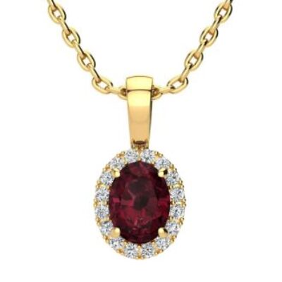 Garnet Necklace | January Birthstone | 1ct Oval Garnet and Halo Diamond Necklace In 14K Yellow Gold