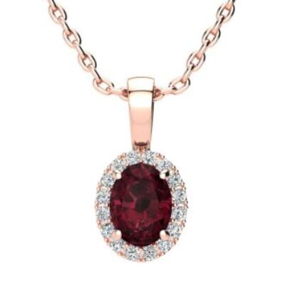 Garnet Necklace | January Birthstone | 1ct Oval Garnet and Halo Diamond Necklace In 14K Rose Gold