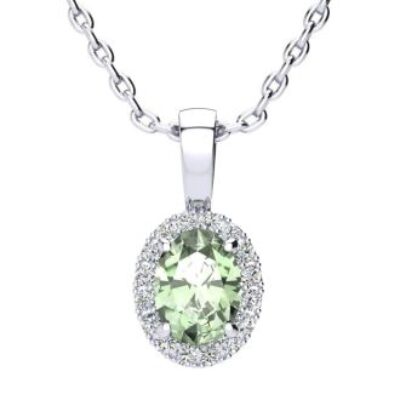 Green Amethyst | Green Amethyst Necklace | 3/4ct Oval Green Amethyst and Halo Diamond Necklace In 14K White Gold With 18 Inch Chain | SuperJeweler