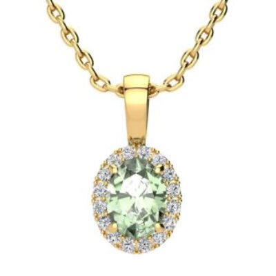 Green Amethyst | Green Amethyst Necklace | 3/4ct Oval Green Amethyst and Halo Diamond Necklace In 14K Yellow Gold With 18 Inch Chain | SuperJeweler