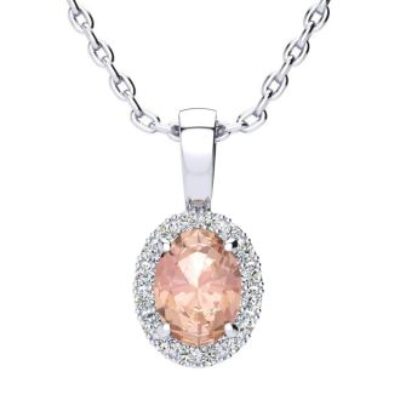 Morganite Necklace | Oval Shape Morganite Necklace with Diamond Halo In 14 Karat White Gold With 18 Inch Chain