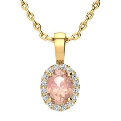 Morganite Necklace | Oval Shape Morganite Necklace with Diamond Halo In 14 Karat Yellow Gold With 18 Inch Chain