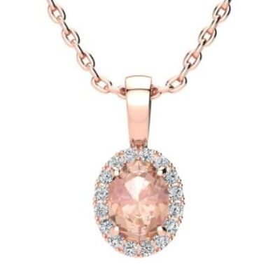 Morganite Necklace | Oval Shape Morganite Necklace with Diamond Halo In 14 Karat Rose Gold With 18 Inch Chain