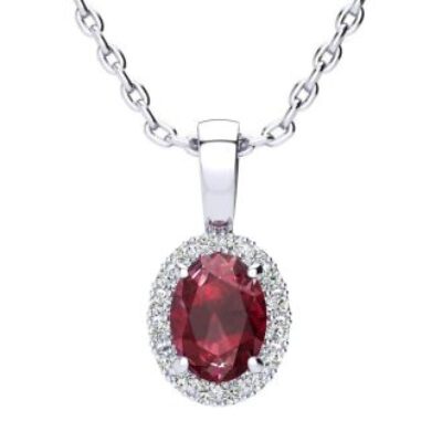 Ruby Necklace | July Birthstone | 1ct Oval Ruby and Halo Diamond Necklace In 14K White Gold | SuperJeweler