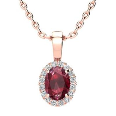 Ruby Necklace | July Birthstone | 1ct Oval Ruby and Halo Diamond Necklace In 14K Rose Gold | SuperJeweler