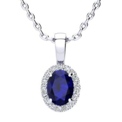 Sapphire Necklace | September Birthstone | 1ct Oval Sapphire and Halo Diamond Necklace In 14K White Gold | SuperJeweler