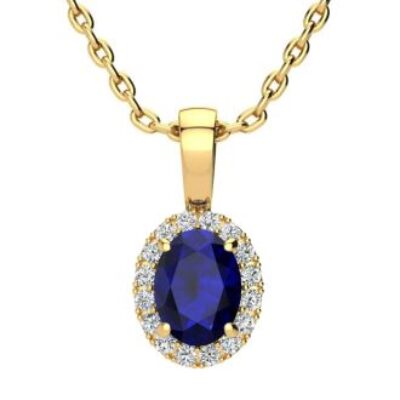 Sapphire Necklace | September Birthstone | 1ct Oval Sapphire and Halo Diamond Necklace In 14K Yellow Gold | SuperJeweler