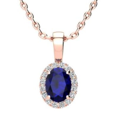 Sapphire Necklace | September Birthstone | 1ct Oval Sapphire and Halo Diamond Necklace In 14K Rose Gold | SuperJeweler