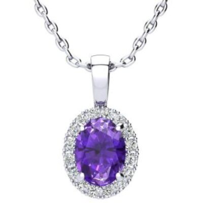 Amethyst Necklace | February Birthstone | 1 1/4ct Oval Amethyst and Halo Diamond Necklace In 14K White Gold | SuperJeweler