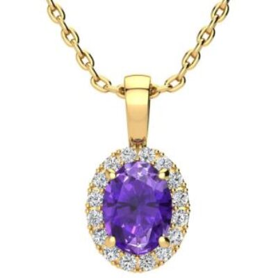 Amethyst Necklace | February Birthstone | 1 1/4ct Oval Amethyst and Halo Diamond Necklace In 14K Yellow Gold | SuperJeweler