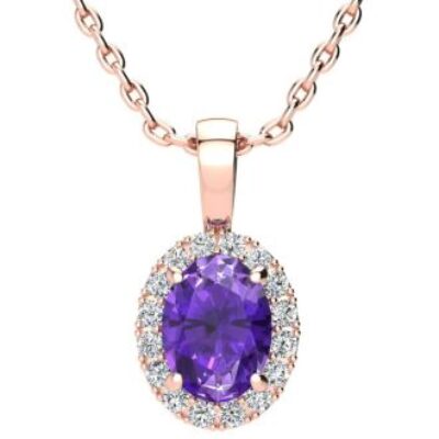 Amethyst Necklace | February Birthstone | 1 1/4ct Oval Amethyst and Halo Diamond Necklace In 14K Rose Gold | SuperJeweler