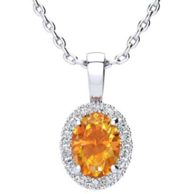 November Birthstone | Citrine Necklace | 1 1/4ct Oval Citrine and Halo Diamond Necklace In 14K White Gold | SuperJeweler