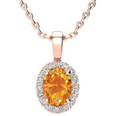 November Birthstone | Citrine Necklace | 1 1/4ct Oval Citrine and Halo Diamond Necklace In 14K Rose Gold | SuperJeweler