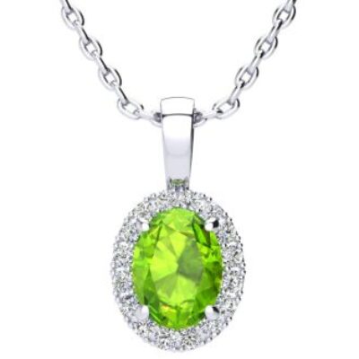 Peridot Necklace | August Birthstone | 1 1/2ct Oval Peridot and Halo Diamond Necklace In 14K White Gold | SuperJeweler