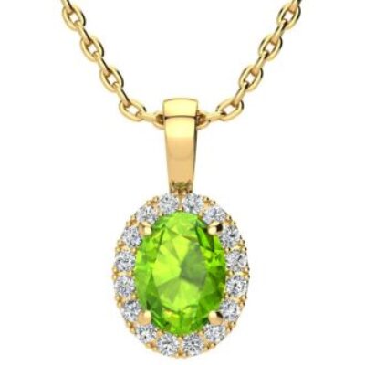 Peridot Necklace | August Birthstone | 1 1/2ct Oval Peridot and Halo Diamond Necklace In 14K Yellow Gold | SuperJeweler