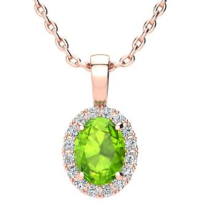 Peridot Necklace | August Birthstone | 1 1/2ct Oval Peridot and Halo Diamond Necklace In 14K Rose Gold | SuperJeweler