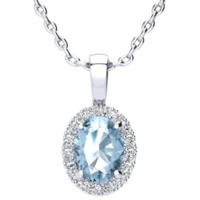 December Birthstone | Blue Topaz Necklace | 1 1/2ct Oval Blue Topaz and Halo Diamond Necklace In 14K White Gold | SuperJeweler